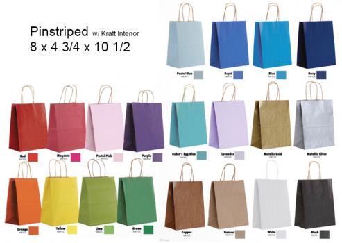 8 x 4 3/4 x 10 1/2 Pinstripe Colors on Kraft Base Paper Bags w/Twisted Paper Handles, 